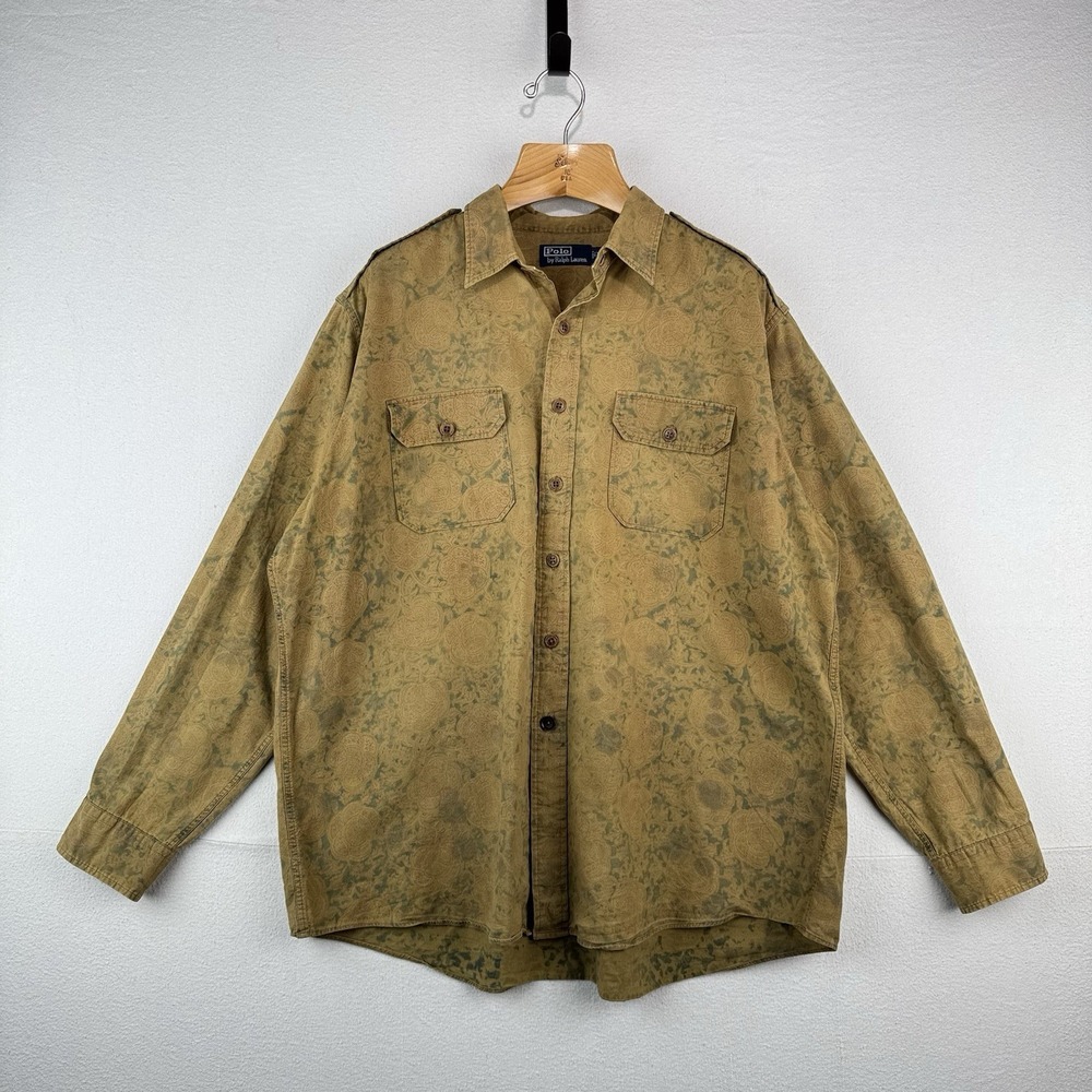 90's Vtg Polo Ralph Lauren Safari Paisley Ink Wash Floral Button Shirt Mens 2XL